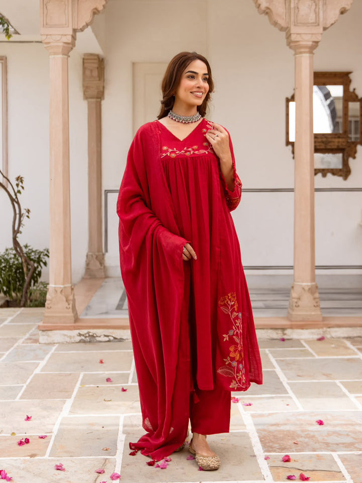 Red Printed Cotton Blend Kurta With Pant &amp; Dupatta