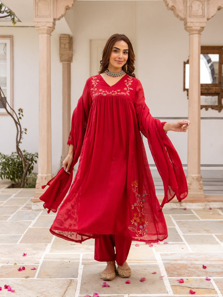Red Printed Cotton Blend Kurta With Pant &amp; Dupatta