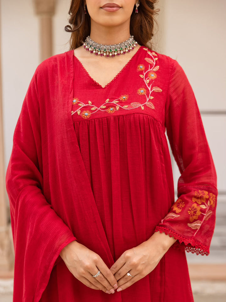 Red Printed Cotton Blend Kurta With Pant &amp; Dupatta