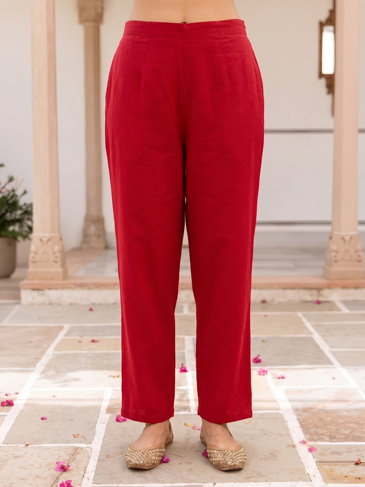 Red Printed Cotton Blend Kurta With Pant &amp; Dupatta