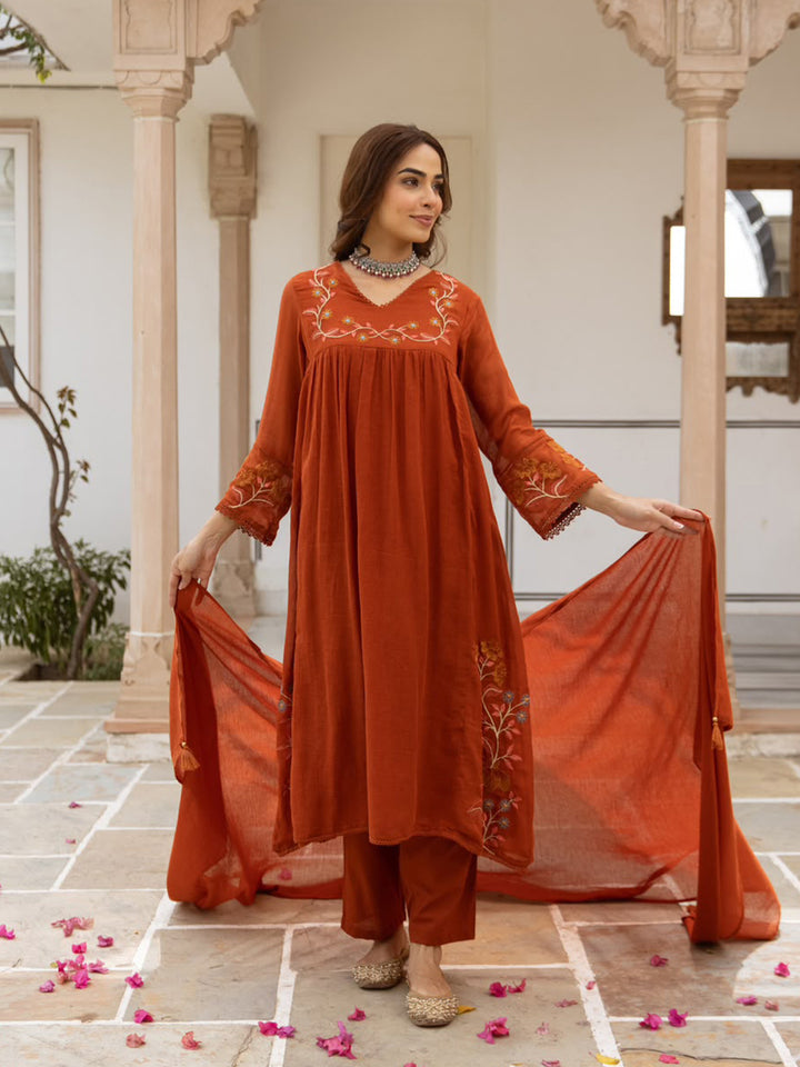 Rust Printed Cotton Blend Kurta With Pant &amp; Dupatta