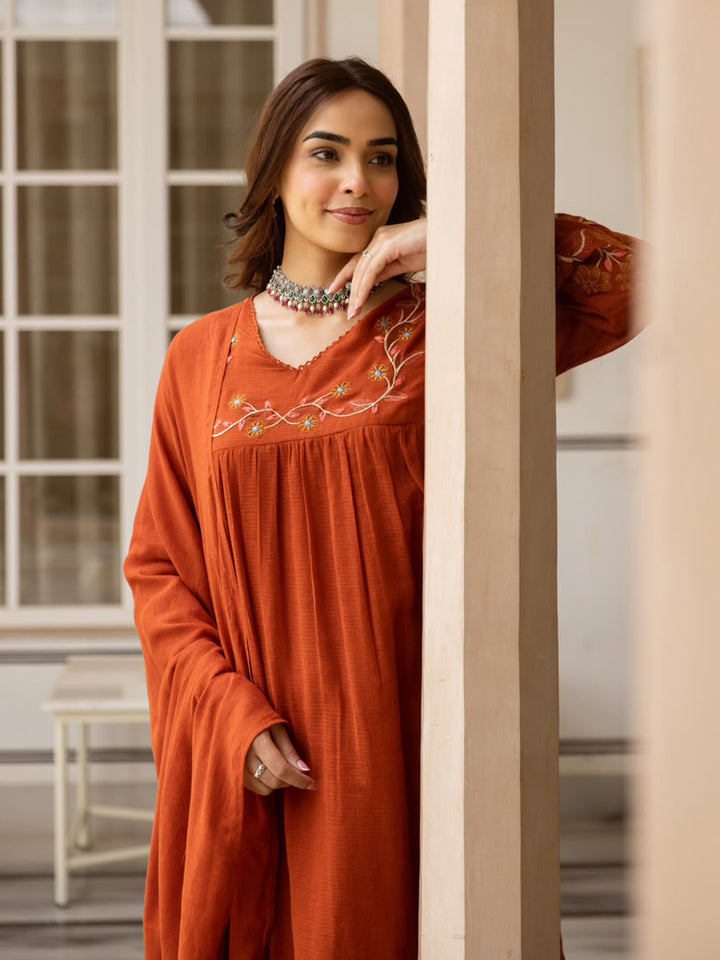 Rust Printed Cotton Blend Kurta With Pant &amp; Dupatta