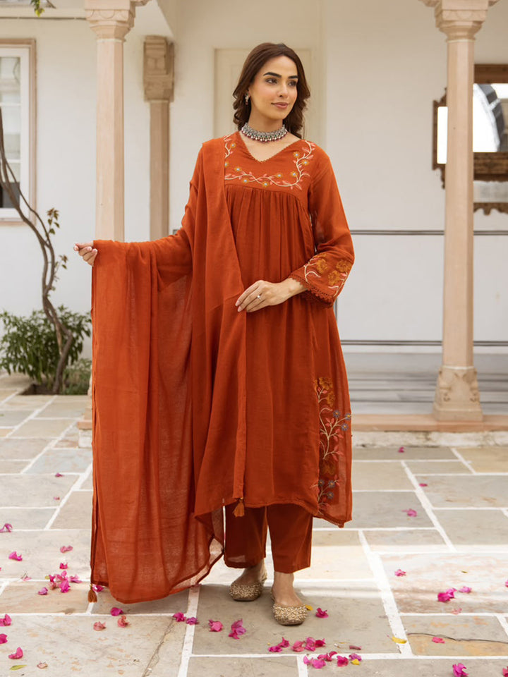 Rust Printed Cotton Blend Kurta With Pant &amp; Dupatta