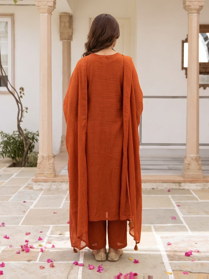Rust Printed Cotton Blend Kurta With Pant &amp; Dupatta