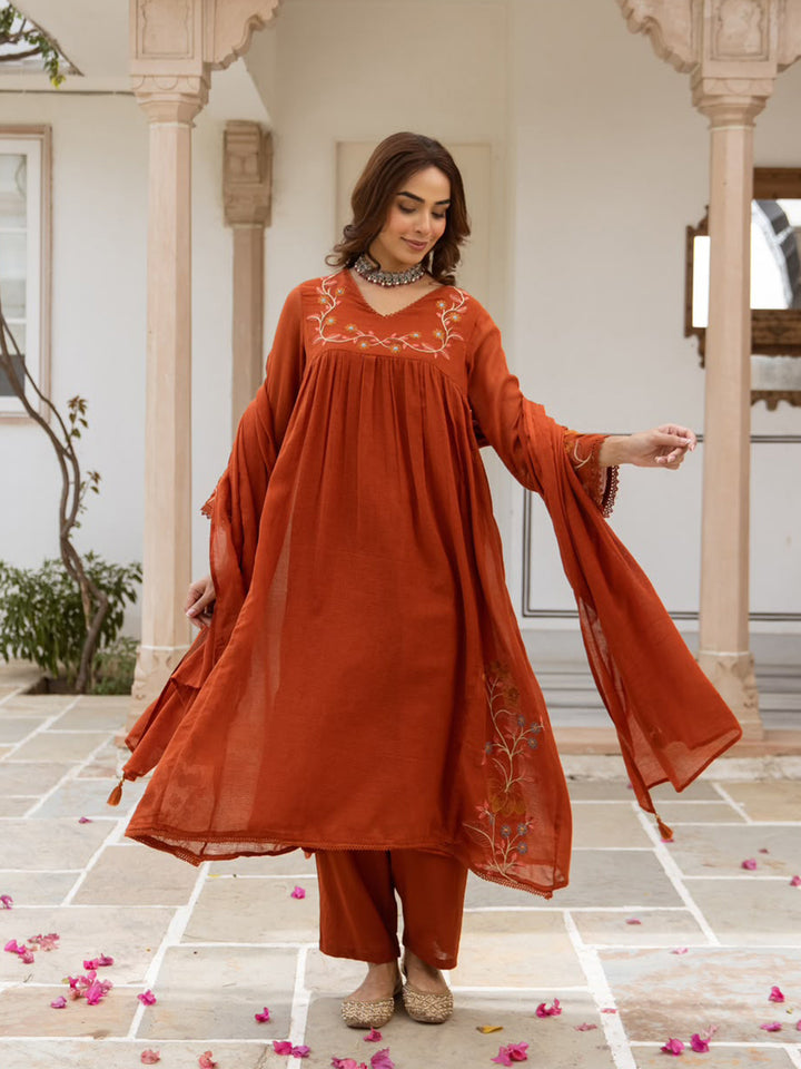 Rust Printed Cotton Blend Kurta With Pant &amp; Dupatta