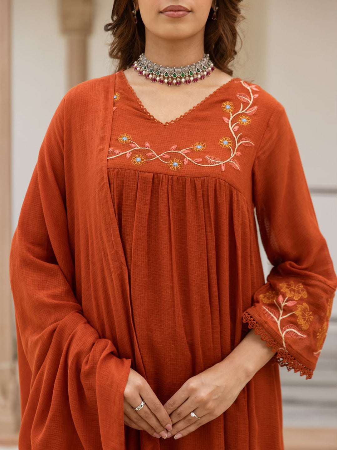 Rust Printed Cotton Blend Kurta With Pant &amp; Dupatta