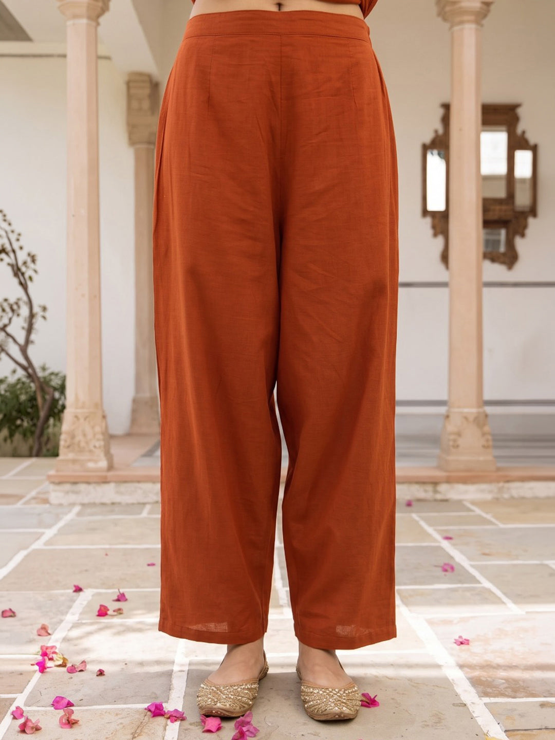 Rust Printed Cotton Blend Kurta With Pant &amp; Dupatta