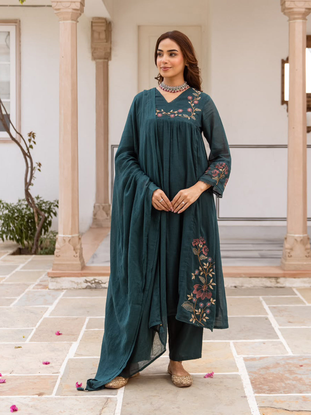 Teal Blue Printed Cotton Blend Kurta With Pant &amp; Dupatta