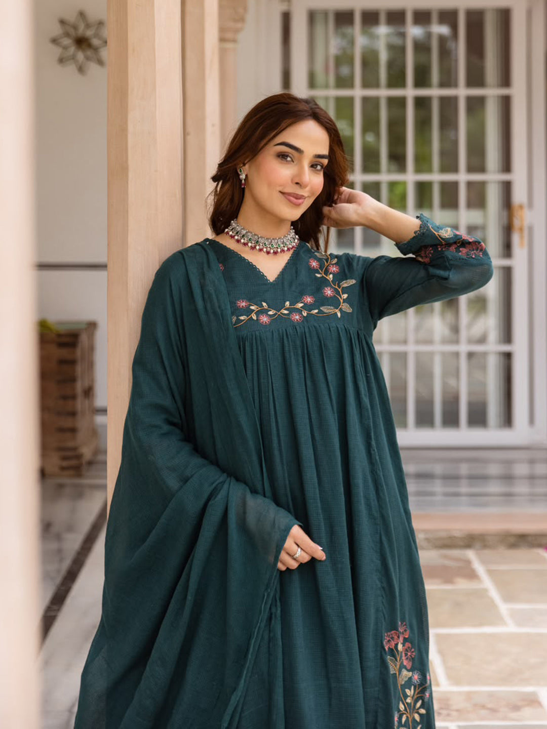 Teal Blue Printed Cotton Blend Kurta With Pant &amp; Dupatta