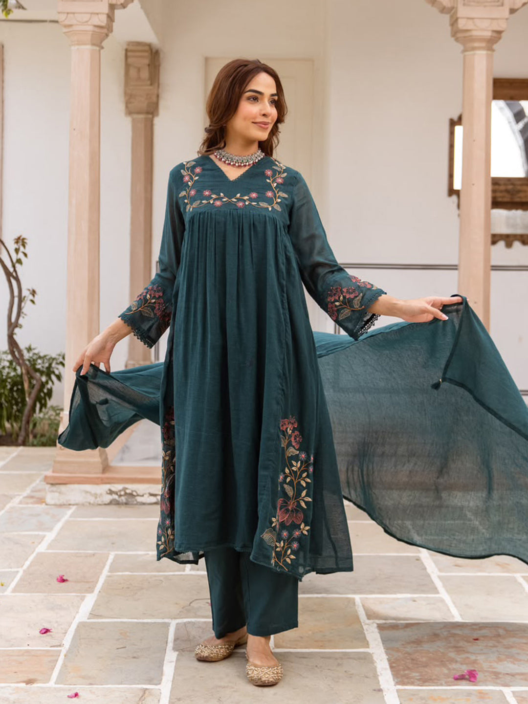 Teal Blue Printed Cotton Blend Kurta With Pant &amp; Dupatta
