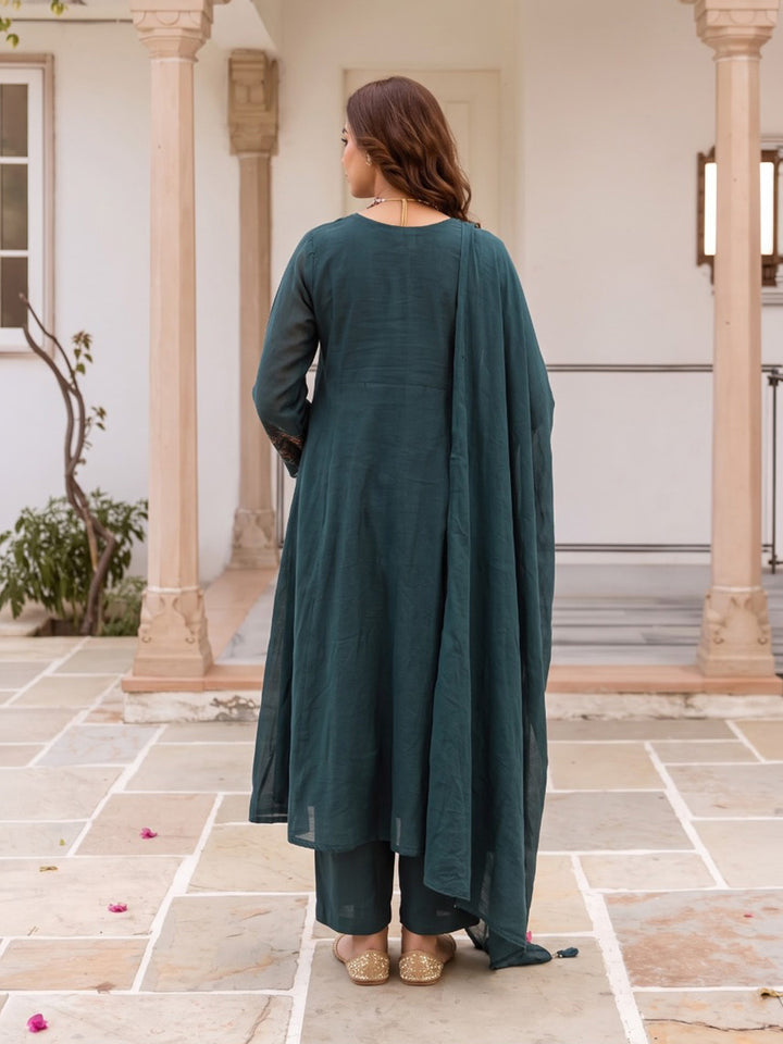 Teal Blue Printed Cotton Blend Kurta With Pant &amp; Dupatta
