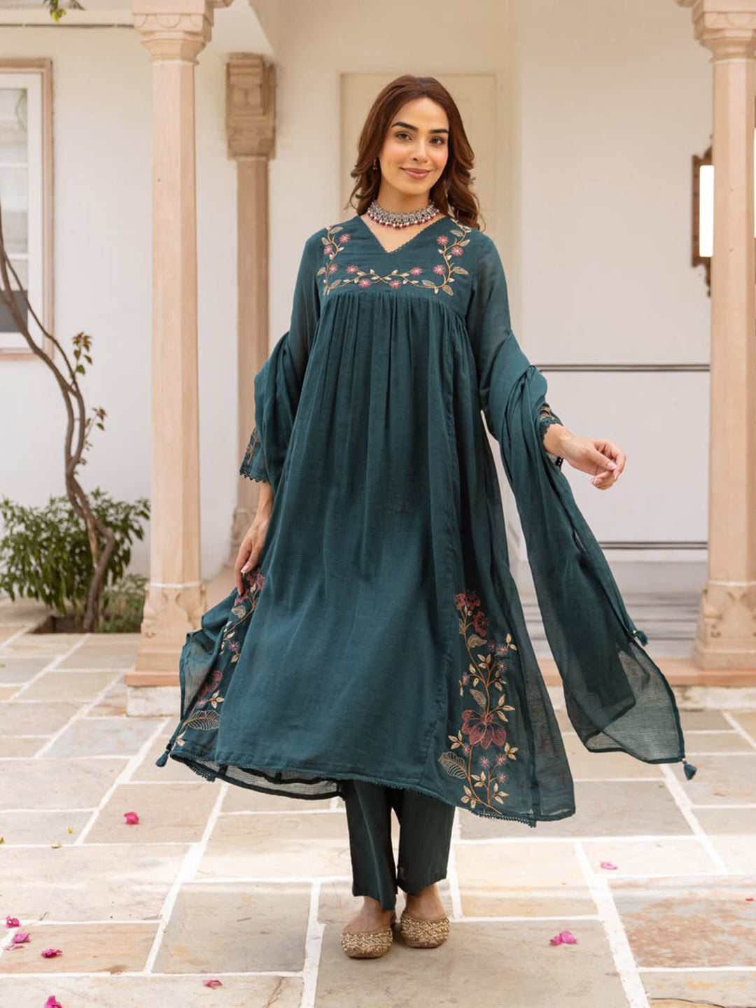 Teal Blue Printed Cotton Blend Kurta With Pant &amp; Dupatta
