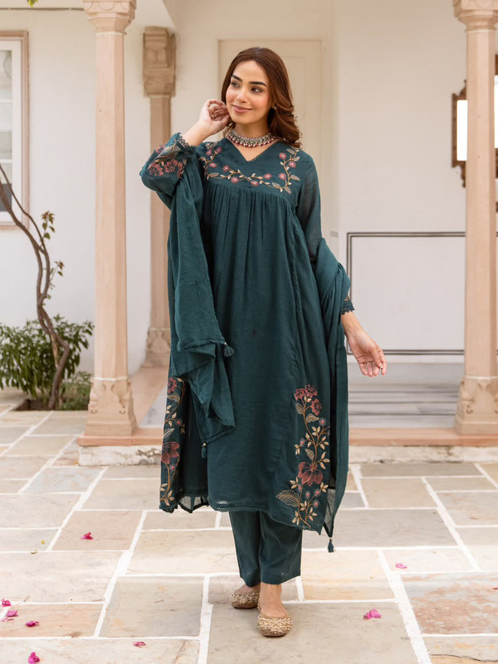 Teal Blue Printed Cotton Blend Kurta With Pant &amp; Dupatta