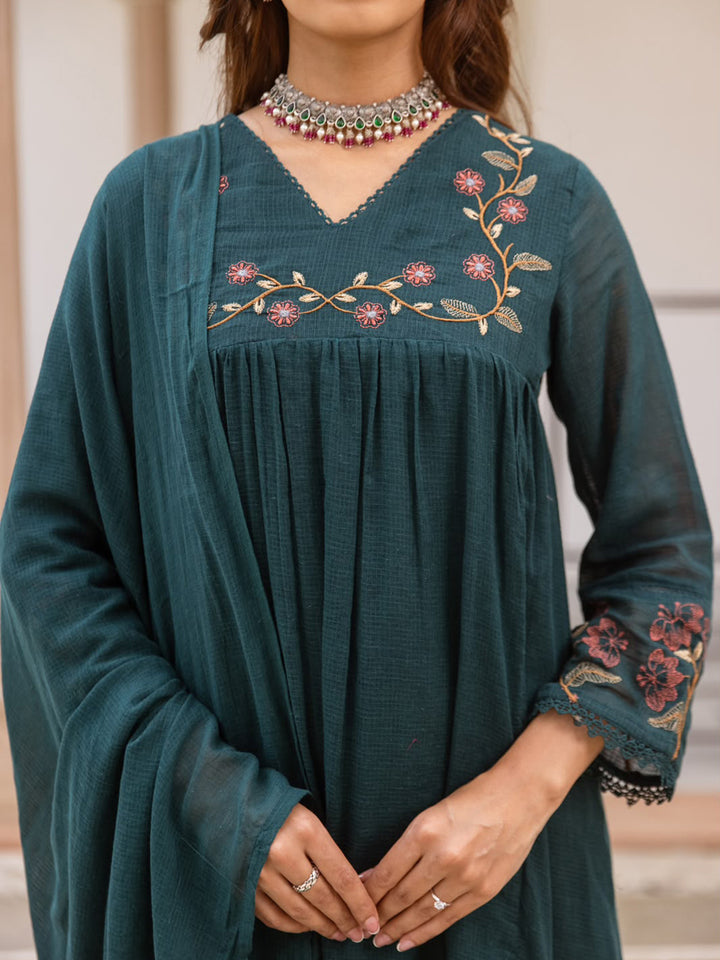 Teal Blue Printed Cotton Blend Kurta With Pant &amp; Dupatta