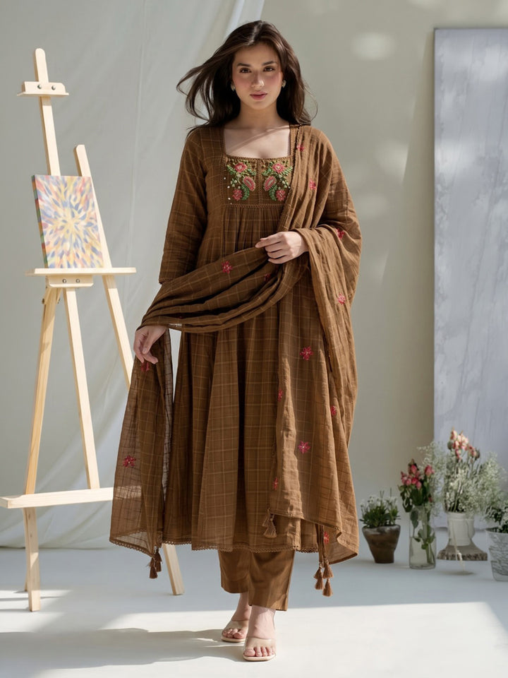 Brown Embroidered Cotton Blend Kurta With Pant &amp; Dupatta