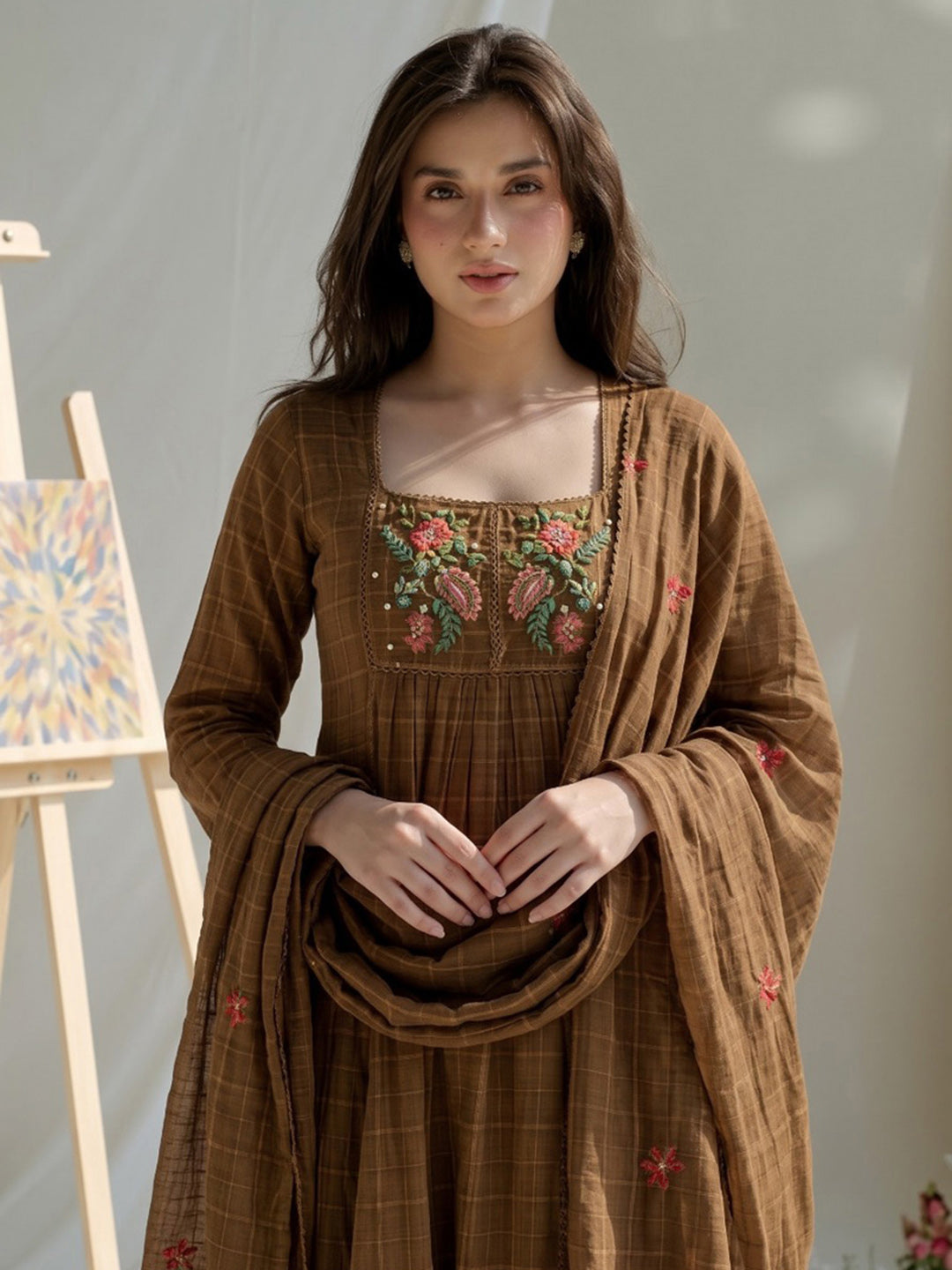 Brown Embroidered Cotton Blend Kurta With Pant &amp; Dupatta