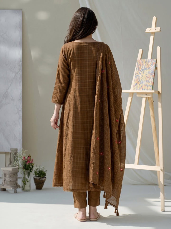 Brown Embroidered Cotton Blend Kurta With Pant &amp; Dupatta