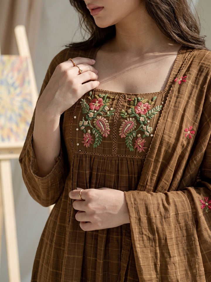 Brown Embroidered Cotton Blend Kurta With Pant &amp; Dupatta