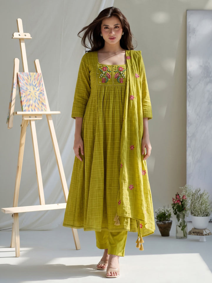 Mustard Embroidered Cotton Blend Kurta With Pant &amp; Dupatta