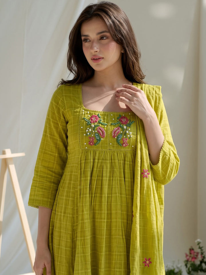 Mustard Embroidered Cotton Blend Kurta With Pant &amp; Dupatta