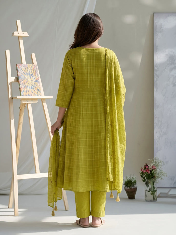 Mustard Embroidered Cotton Blend Kurta With Pant &amp; Dupatta