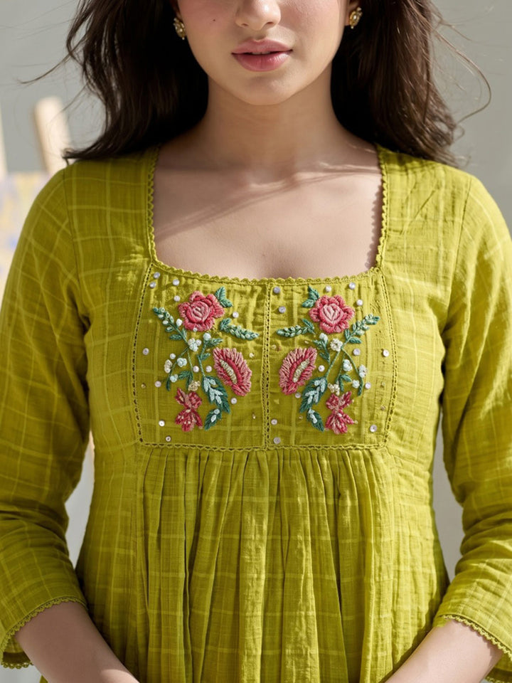 Mustard Embroidered Cotton Blend Kurta With Pant &amp; Dupatta