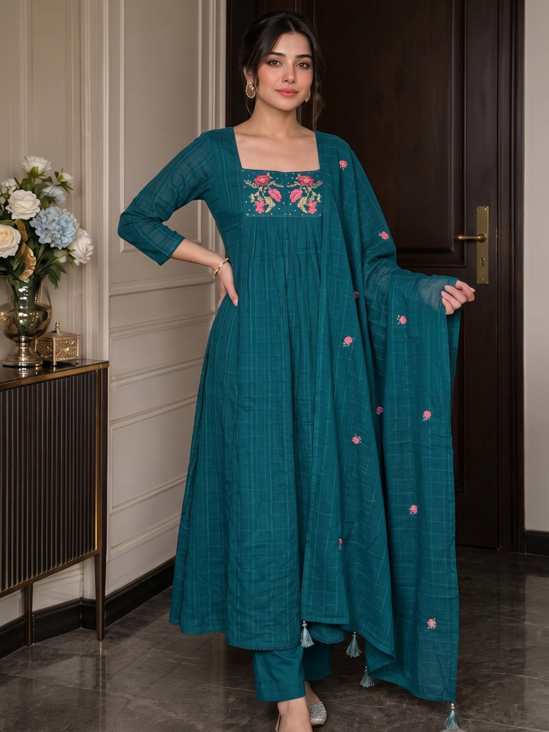 Teal Blue Embroidered Cotton Blend Kurta With Pant &amp; Dupatta