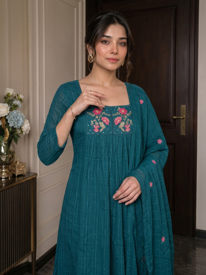 Teal Blue Embroidered Cotton Blend Kurta With Pant &amp; Dupatta