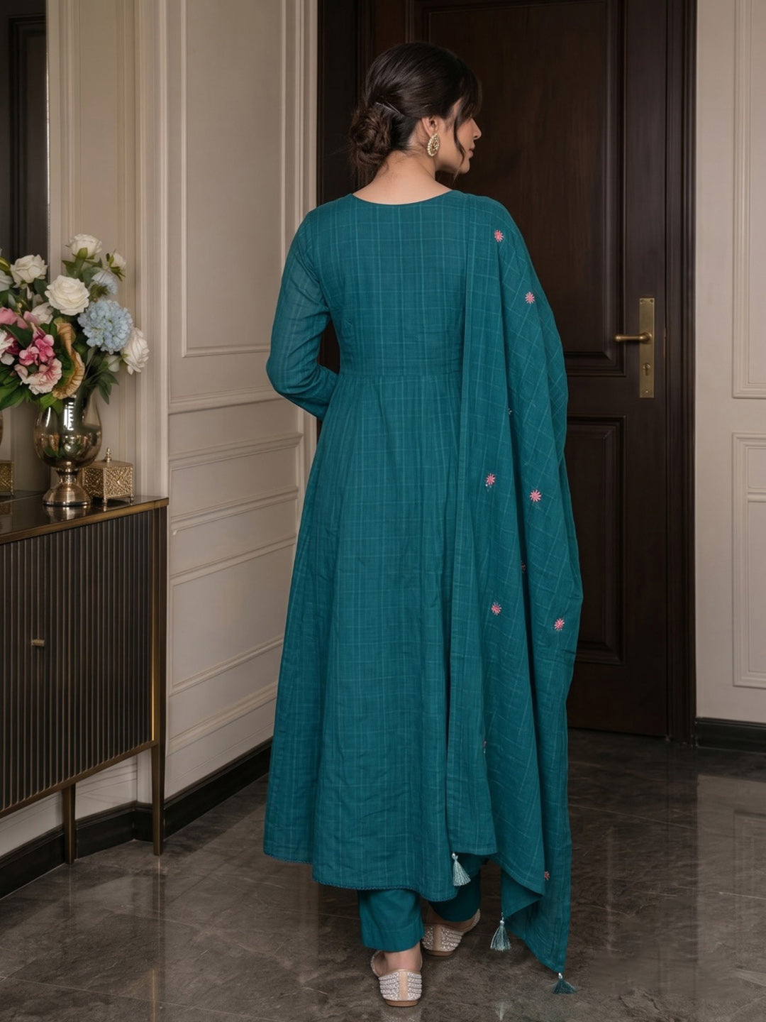 Teal Blue Embroidered Cotton Blend Kurta With Pant &amp; Dupatta