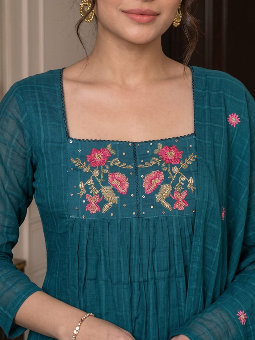 Teal Blue Embroidered Cotton Blend Kurta With Pant &amp; Dupatta