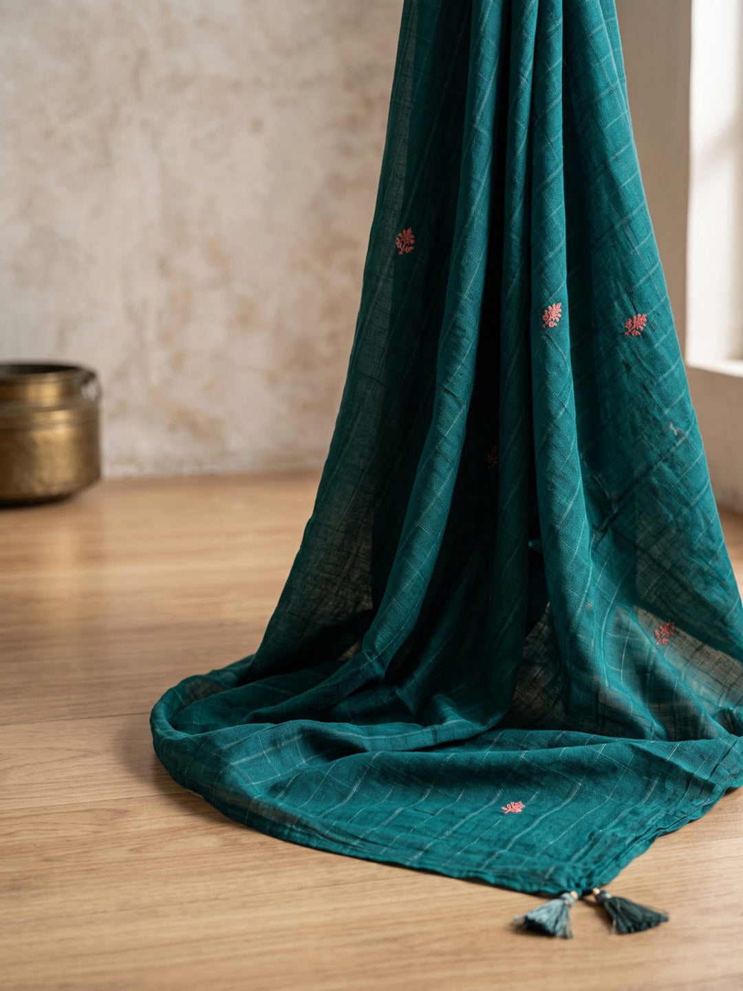Teal Blue Embroidered Cotton Blend Kurta With Pant &amp; Dupatta