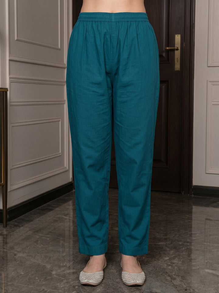 Teal Blue Embroidered Cotton Blend Kurta With Pant &amp; Dupatta