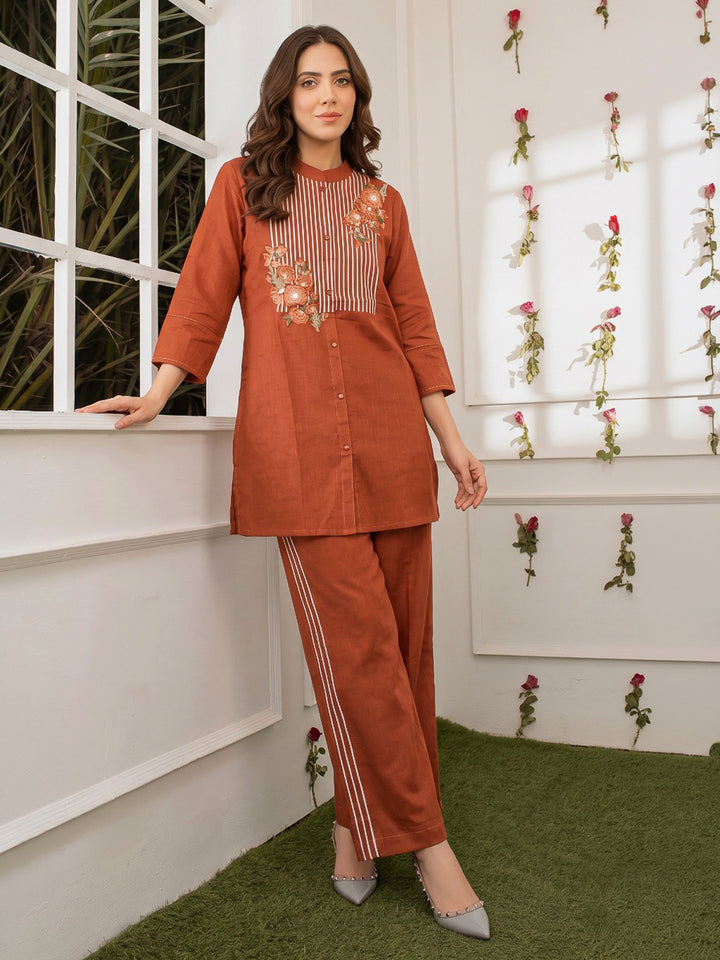 Rust Printed Cotton Blend Kurta Set
