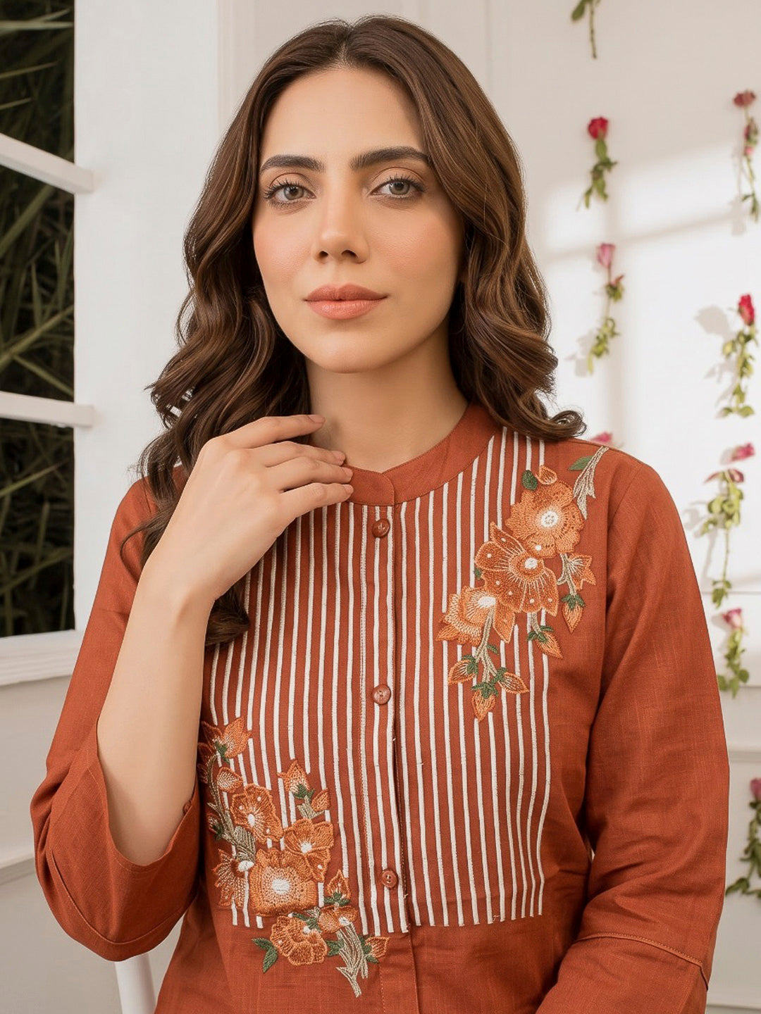 Rust Printed Cotton Blend Kurta Set