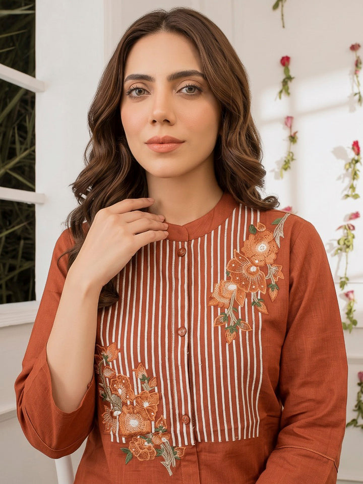 Rust Printed Cotton Blend Kurta Set