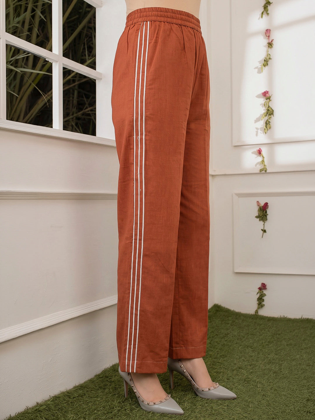 Rust Printed Cotton Blend Kurta Set