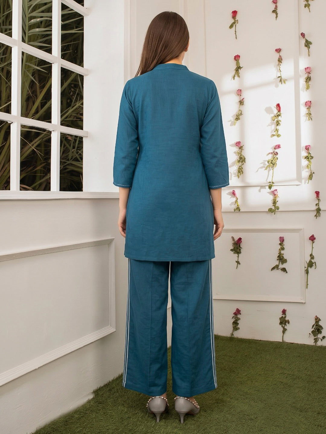 Teal Blue Printed Cotton Blend Kurta Set