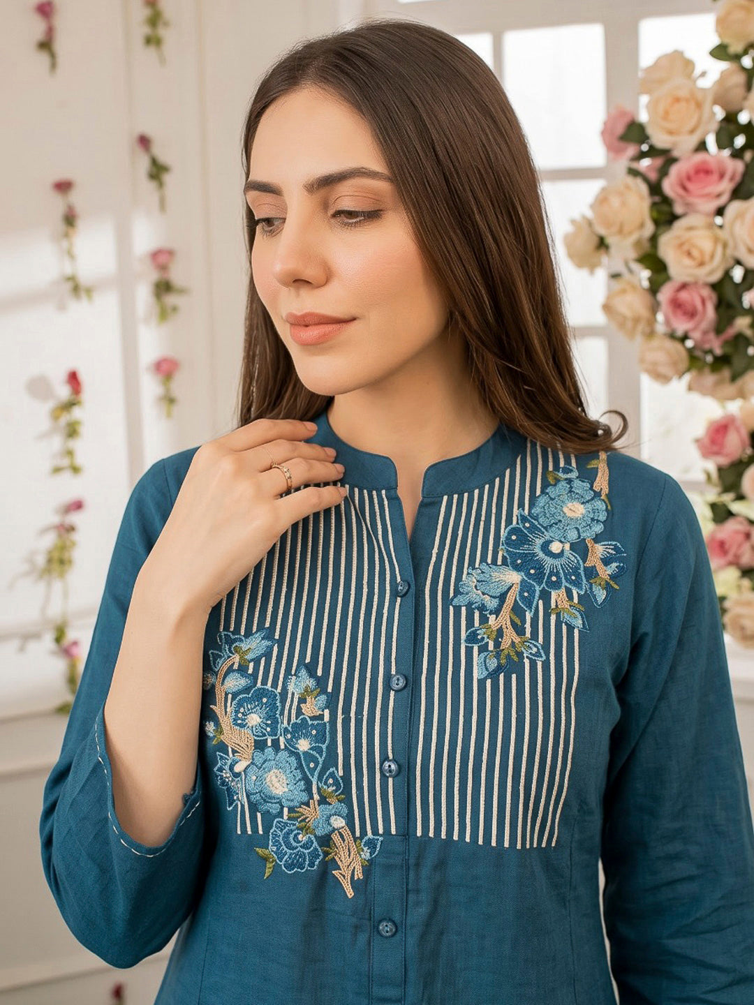 Teal Blue Printed Cotton Blend Kurta Set
