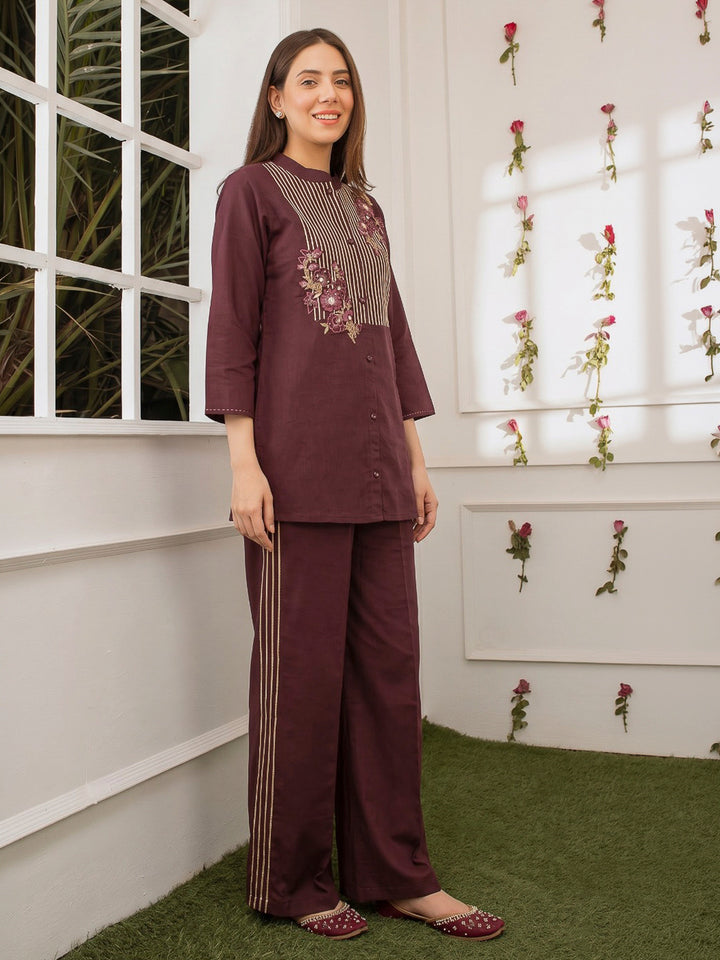 Wine Printed Cotton Blend Kurta Set
