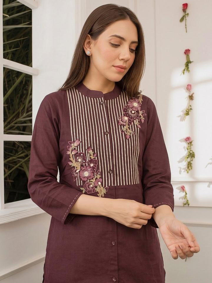 Wine Printed Cotton Blend Kurta Set