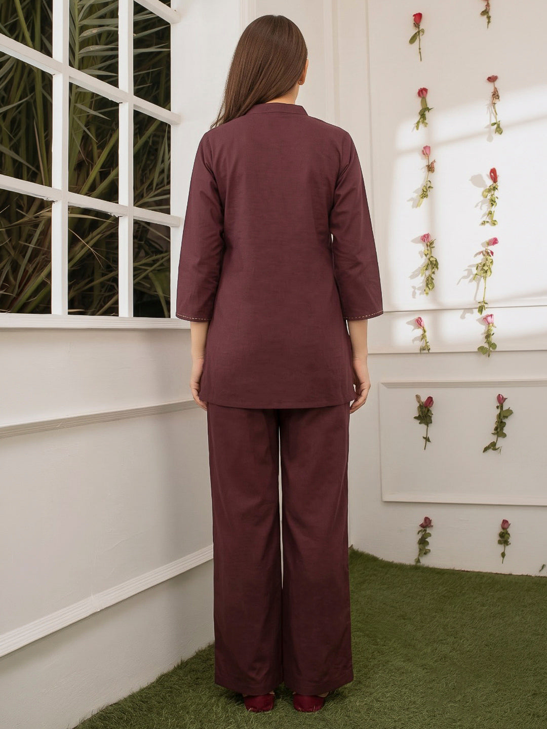 Wine Printed Cotton Blend Kurta Set