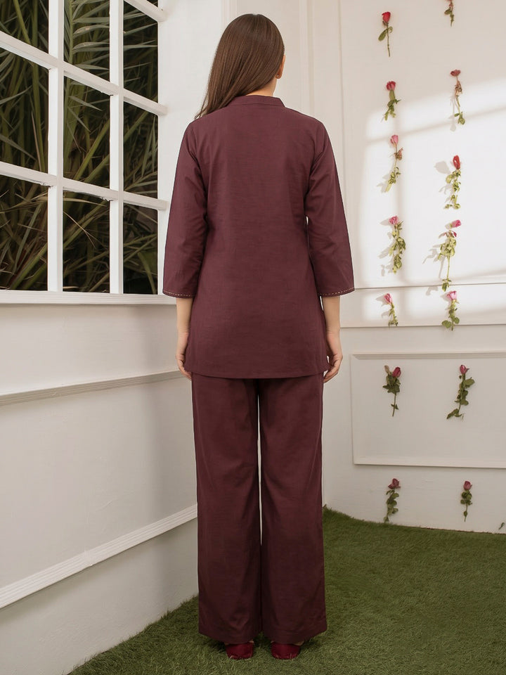 Wine Printed Cotton Blend Kurta Set