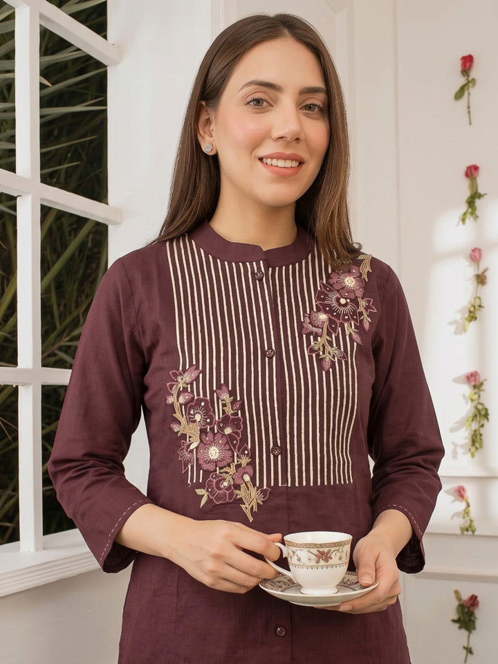 Wine Printed Cotton Blend Kurta Set