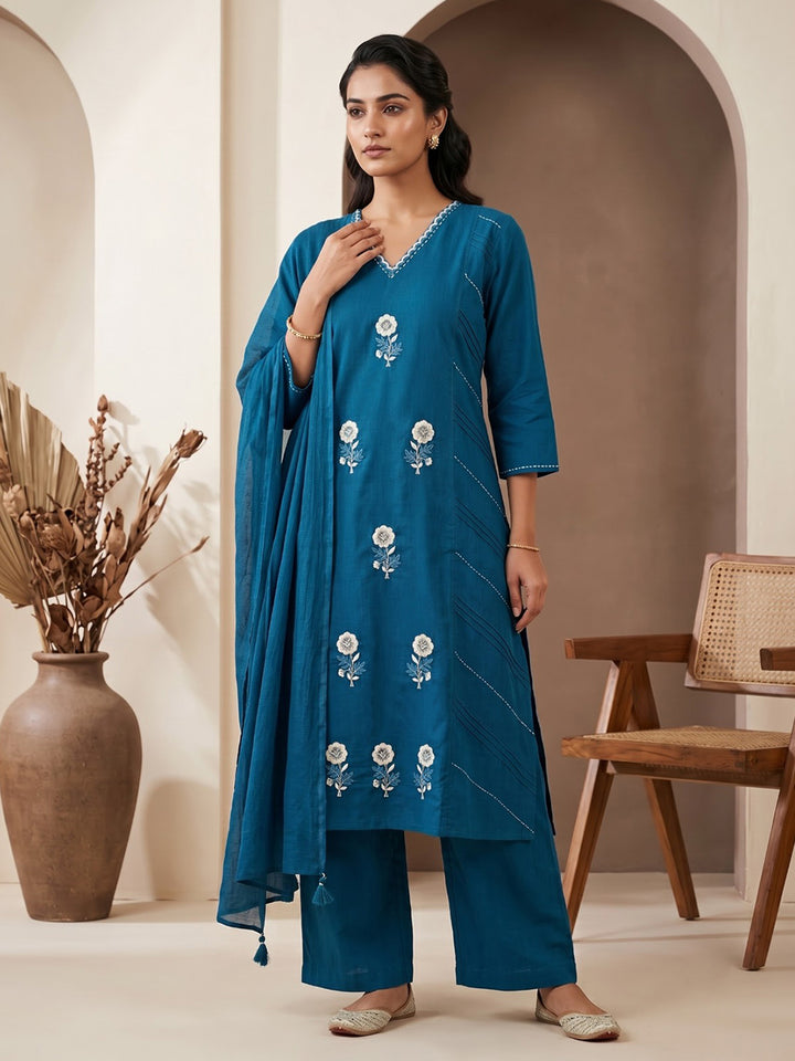 Blue Printed Cotton Blend Kurta With Pant &amp; Dupatta