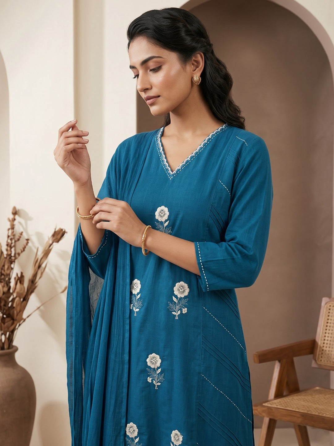Blue Printed Cotton Blend Kurta With Pant &amp; Dupatta