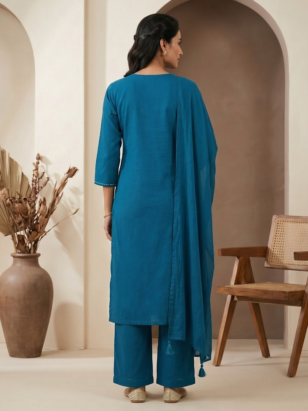 Blue Printed Cotton Blend Kurta With Pant &amp; Dupatta