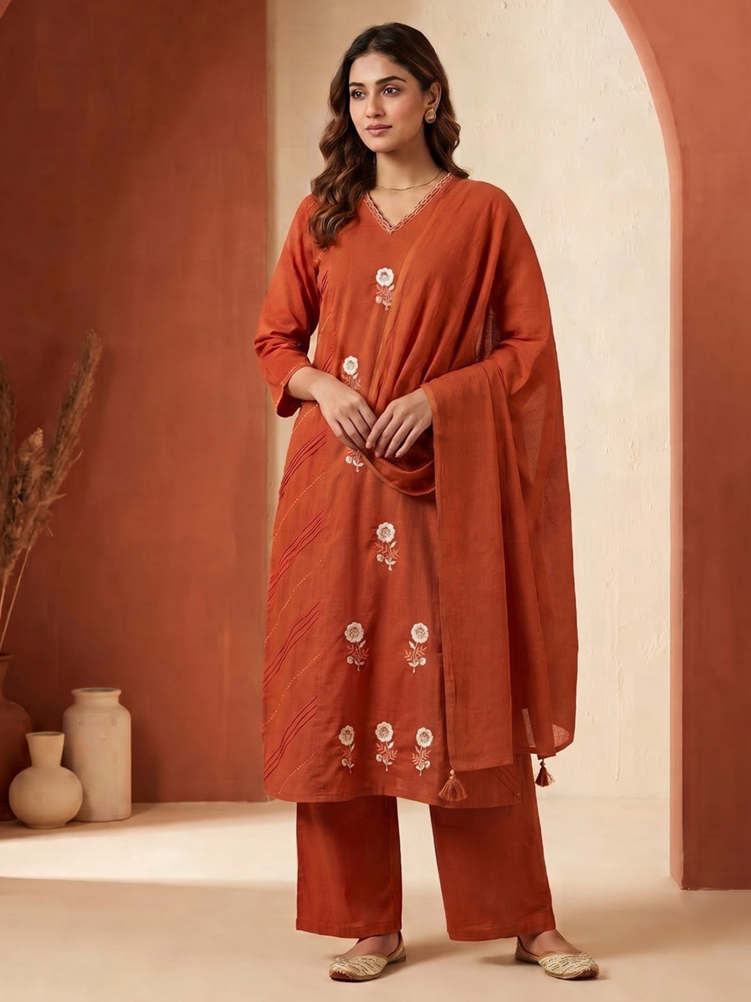 Rust Printed Cotton Blend Kurta With Pant &amp; Dupatta