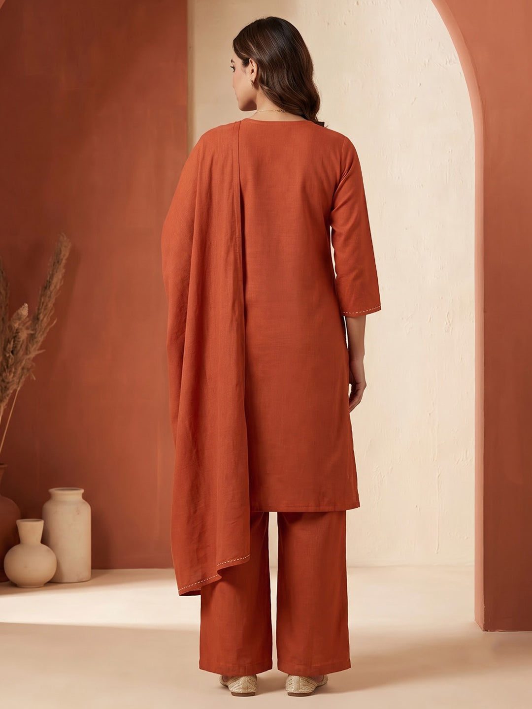 Rust Printed Cotton Blend Kurta With Pant &amp; Dupatta