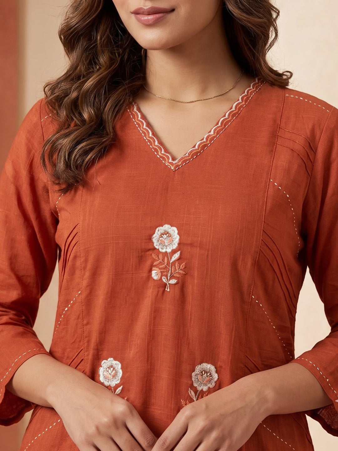 Rust Printed Cotton Blend Kurta With Pant &amp; Dupatta