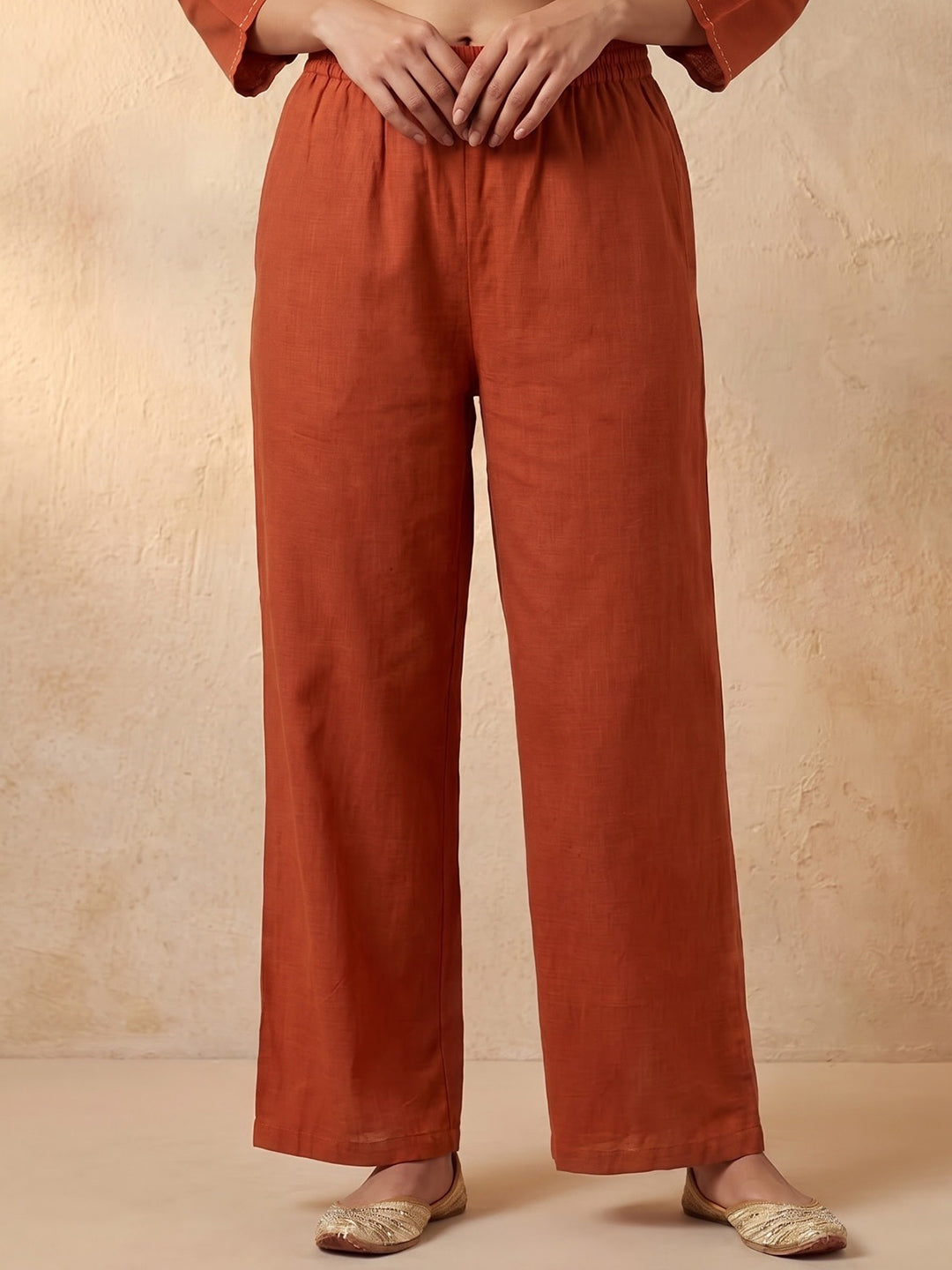 Rust Printed Cotton Blend Kurta With Pant &amp; Dupatta